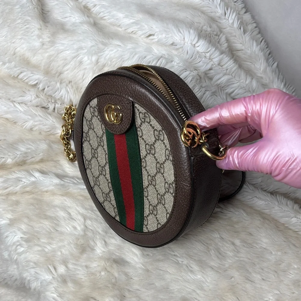 Gucci Brown GG Supreme Round Crossbody with Green-Red Web - Picture 8 of 12